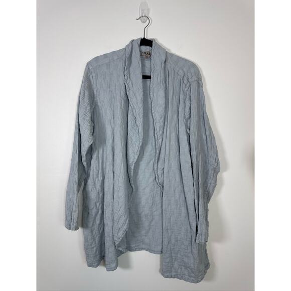 FLAX Textured Linen Cotton Blend Open Front Relaxed Fit Cardigan - Light Blue - Picture 1 of 6